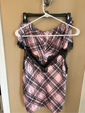 Victoria's Secret Pink and Black Plaid Lace-Trim Slip Top $ Shorts NWT
